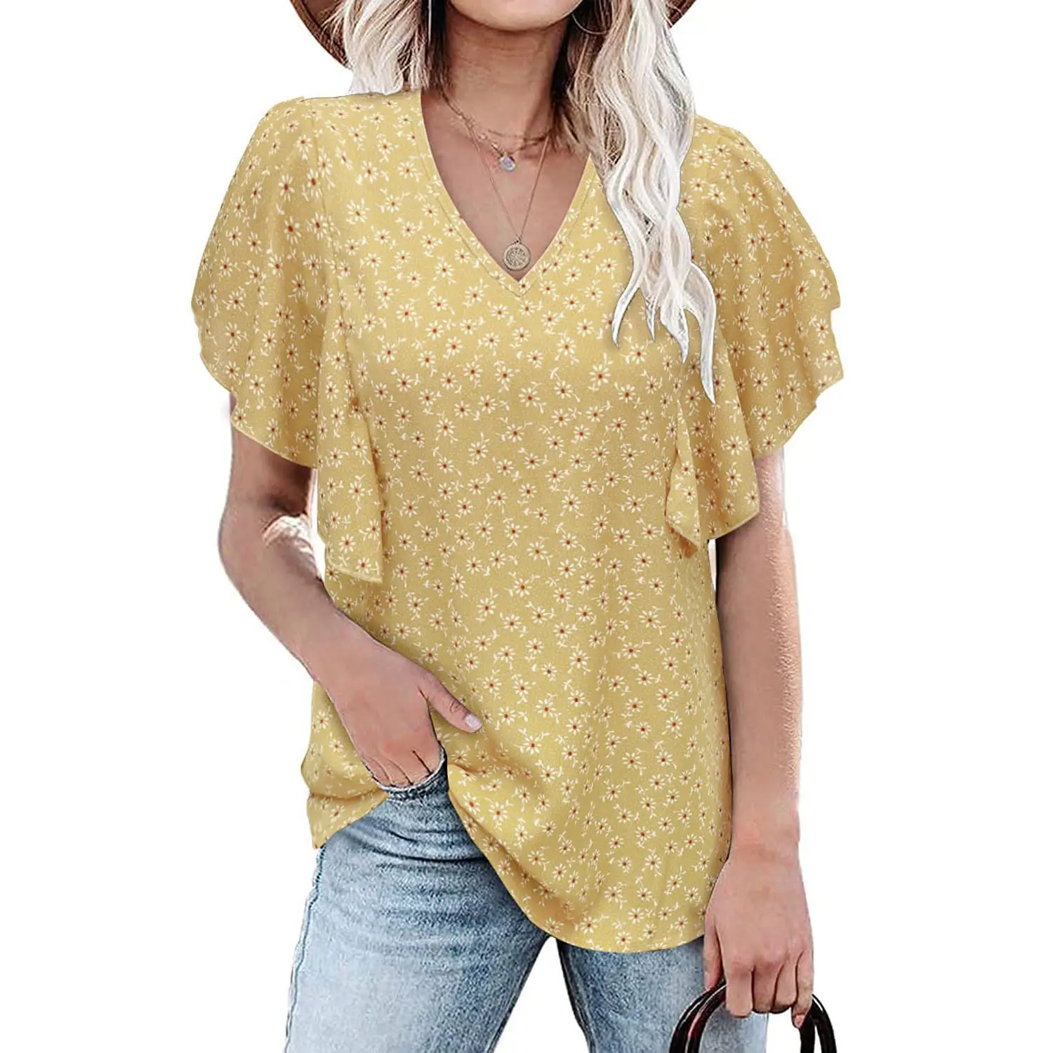 European American Summer Women V Neck Floral Pleated Top - Image 3