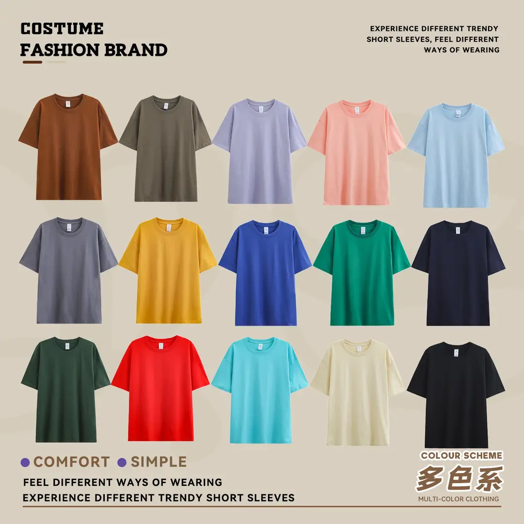 Trendy brand heavyweight 230g cotton shoulder short sleeve T-shirt women's spring and summer New loose couples half sleeve base shirt wholesale - Image 22