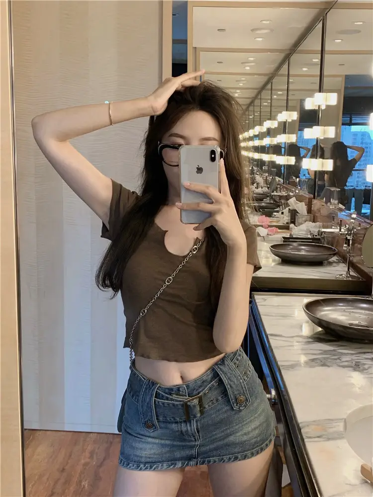 Women's Summer T-Shirt Brown Slim Fit Short Sleeve — feature 14