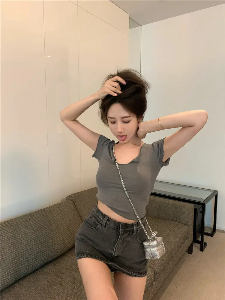 Women's Summer T-Shirt Brown Slim Fit Short Sleeve — feature 7