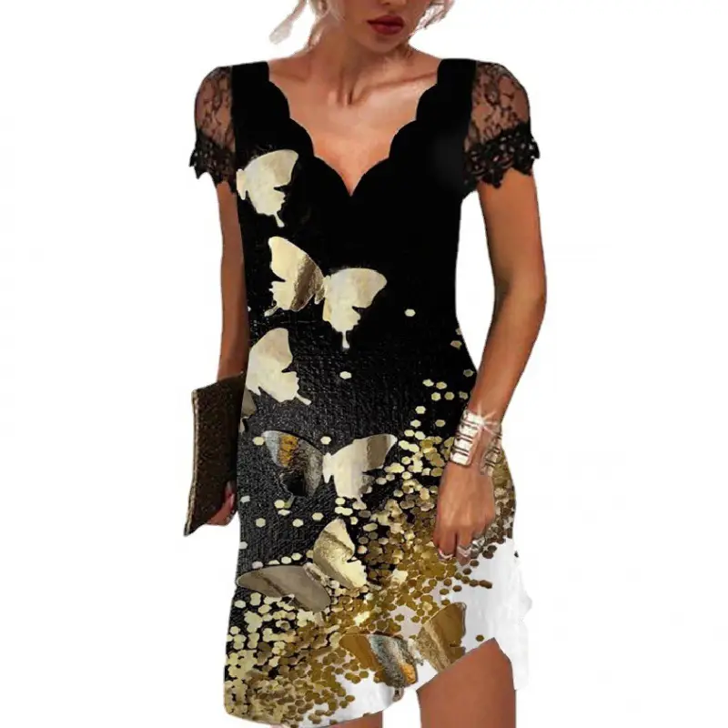 Black Floral Lace V-Neck Summer Dress for Women - Image 9