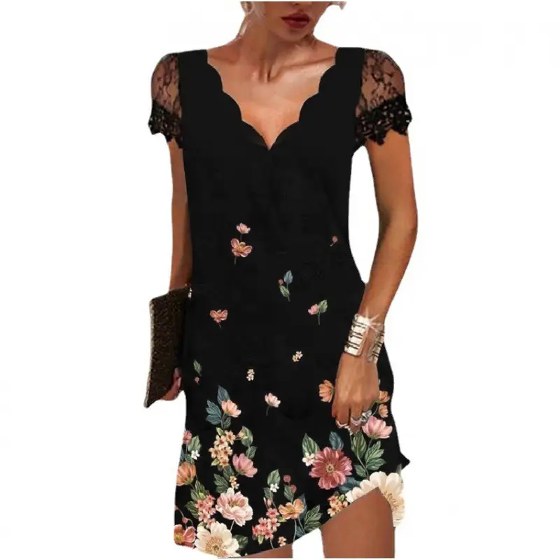 Black Floral Lace V-Neck Summer Dress for Women - Image 10