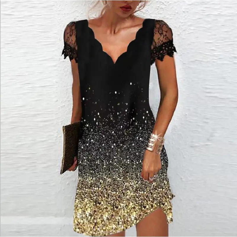 Black Floral Lace V-Neck Summer Dress for Women - Image 2