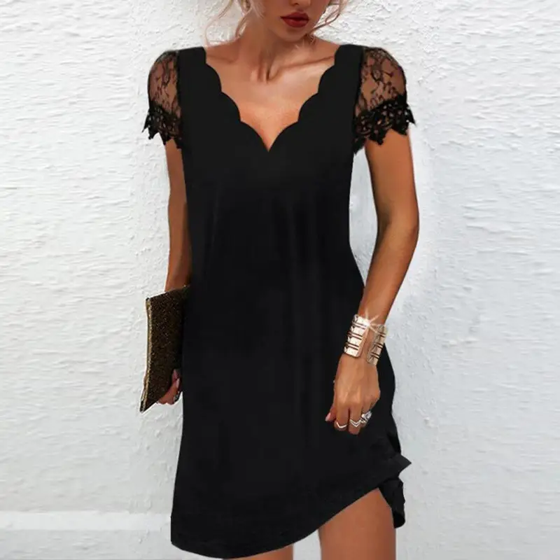Black Floral Lace V-Neck Summer Dress for Women - Image 3