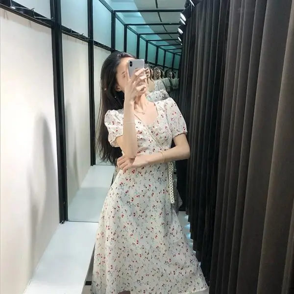 Floral Puff Sleeve Dress Fat Waist Large A-Line
