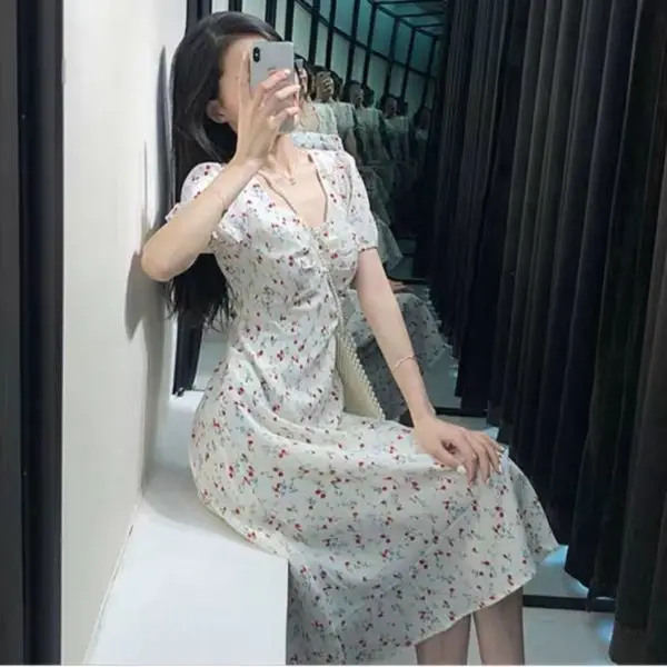 Floral Puff Sleeve Dress Fat Waist Large A-Line