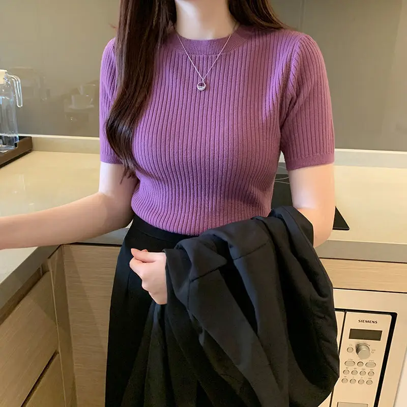 Women's 2025 Summer Pullover Top Pink Knit Round Neck Slim Fit - Image 12