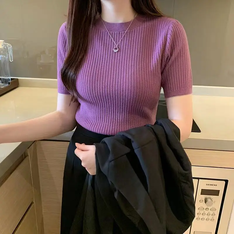 Women's 2025 Summer Pullover Top Pink Knit Round Neck Slim Fit - Image 4