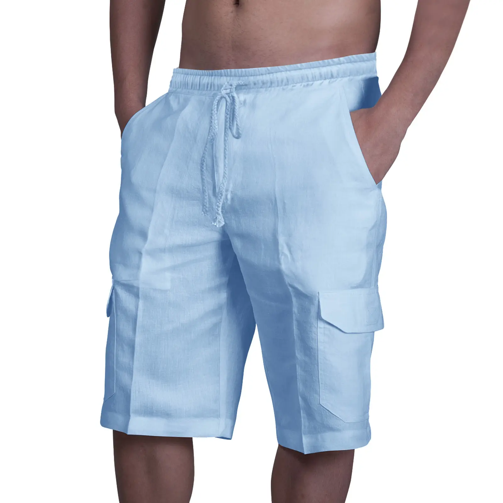 Men Light Blue Linen Shorts with 4 Pocket Drawstring - Image 8