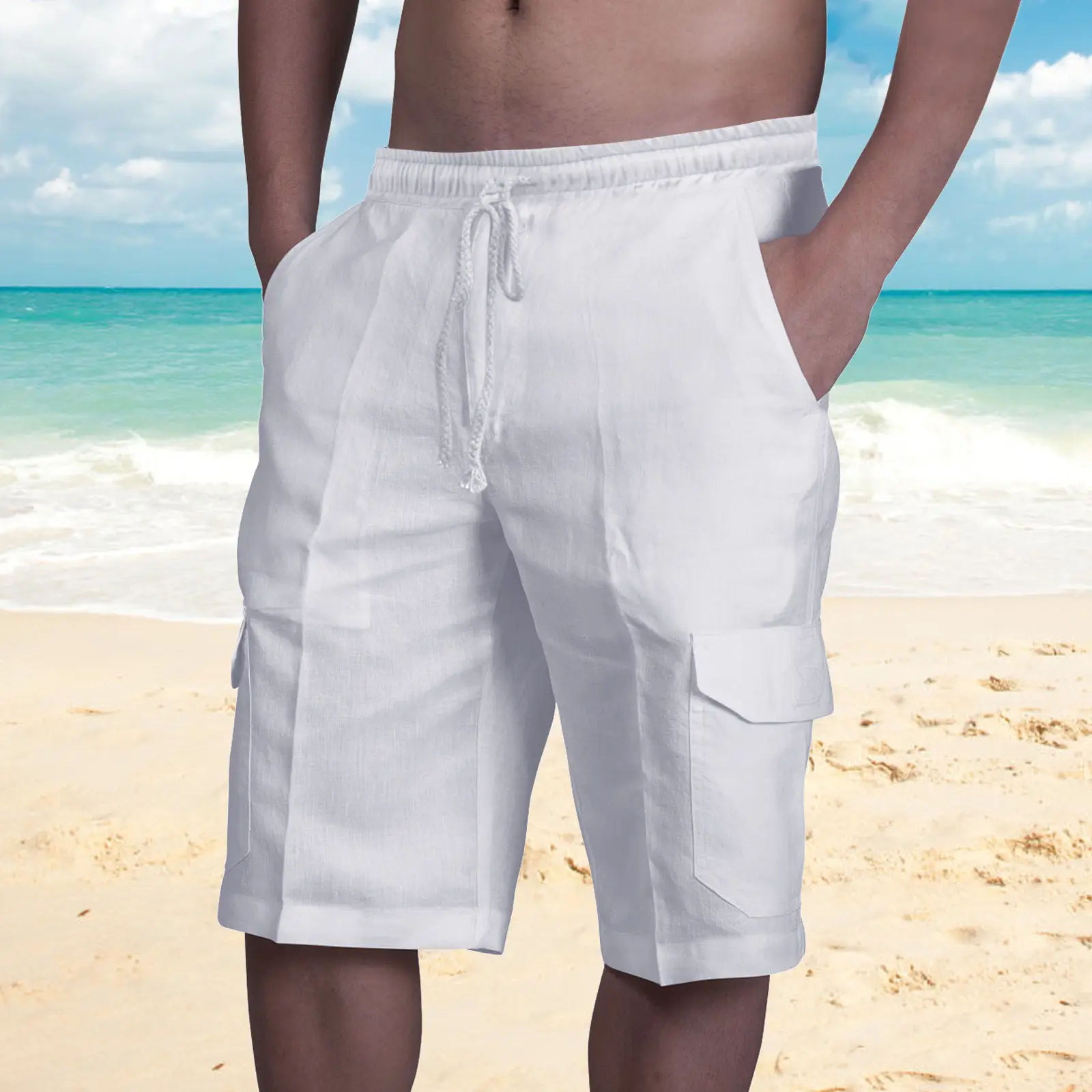 Men Light Blue Linen Shorts with 4 Pocket Drawstring - Image 9