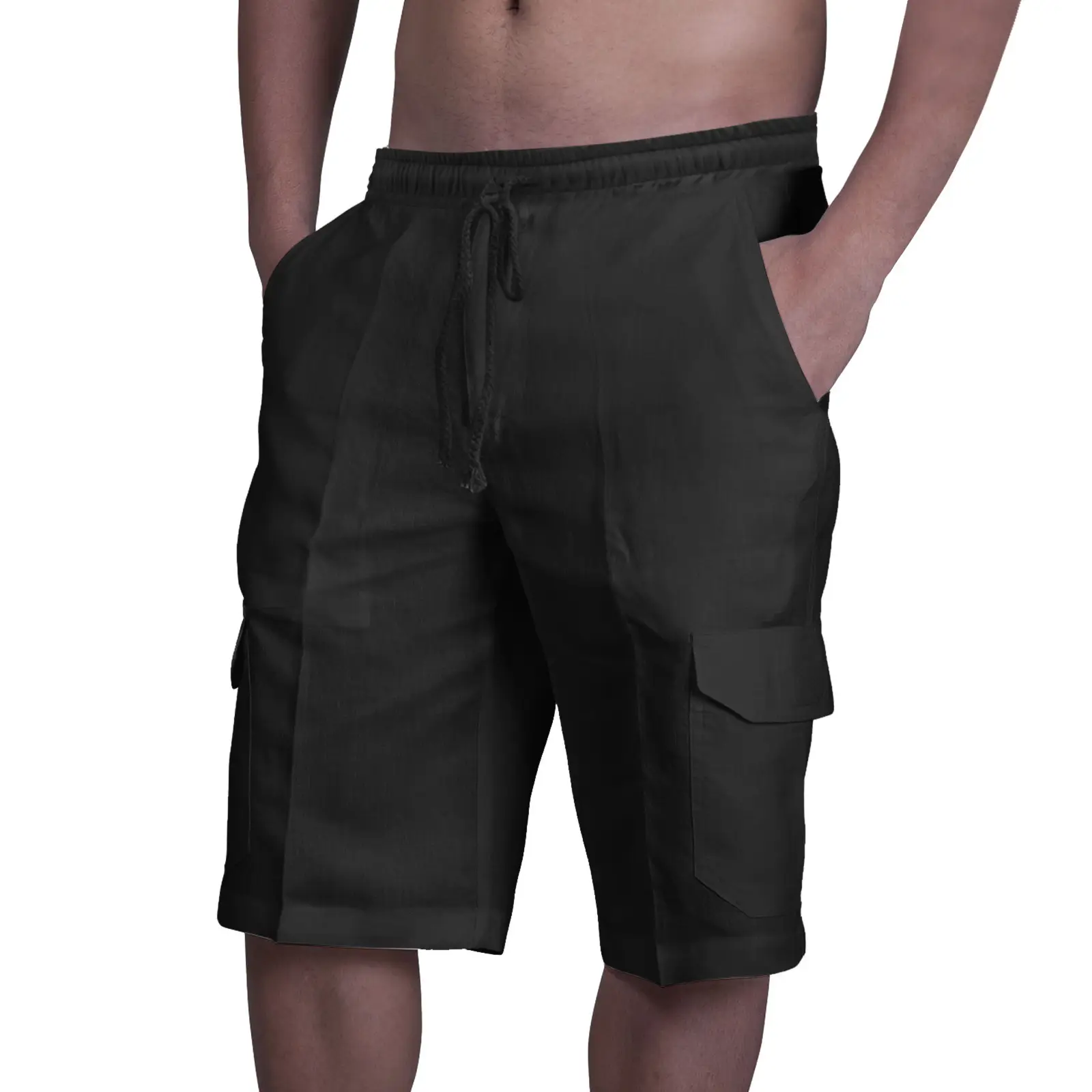 Men Light Blue Linen Shorts with 4 Pocket Drawstring - Image 4