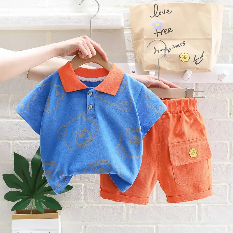 Blue Printed Boys 2Pc Summer Suit Orange Shorts - Image 2