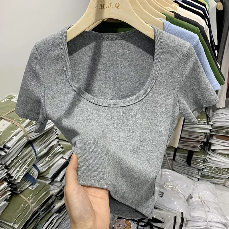 White U-Neck Short Sleeve T-Shirt Women - Image 3