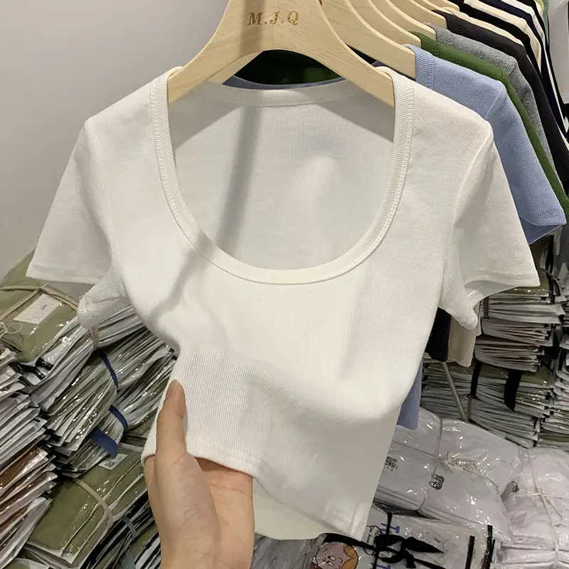 White U-Neck Short Sleeve T-Shirt Women - Image 4
