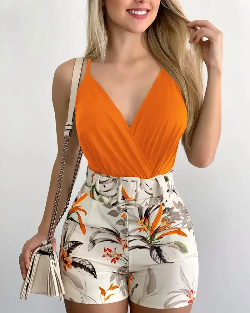2023 V-Neck Floral Shorts Set for Women - Image 11