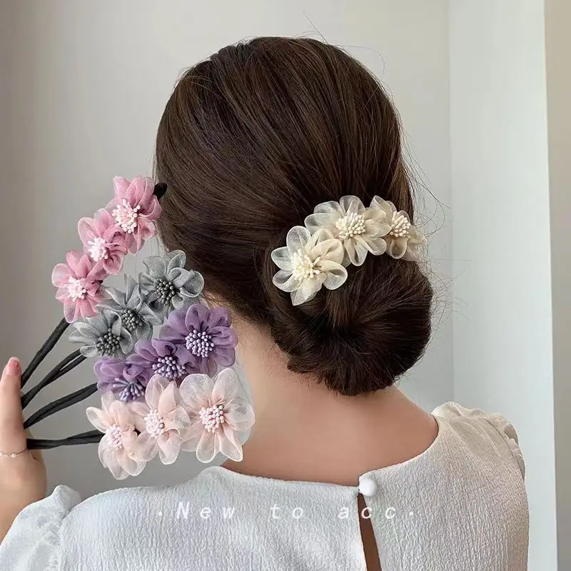 Organza Purple Flower Hair Curler Ball Headdress