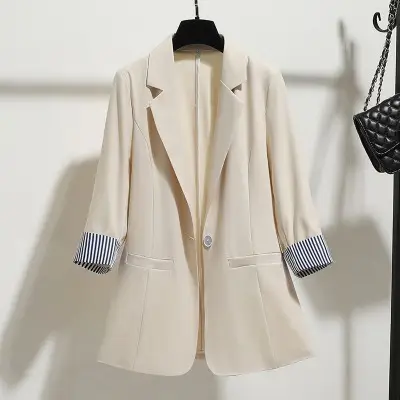 Women's New Korean Style Slim Fit Suit Jacket Beige - Image 3