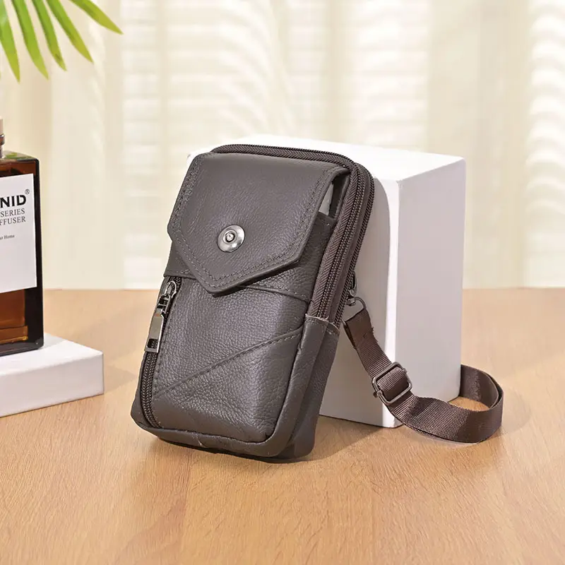 Vintage Cowhide Phone Bag for Men Brown Crossbody - Image 2