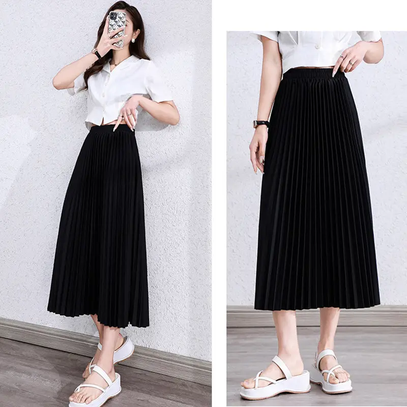 Black Pleated A-Line Skirt for Women Spring Fall Draped High Waist Slimming Look 2025 - Image 3