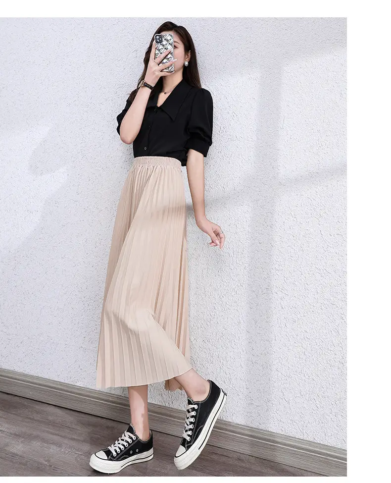 Black Pleated A-Line Skirt for Women Spring Fall Draped High Waist Slimming Look 2025 — feature 10