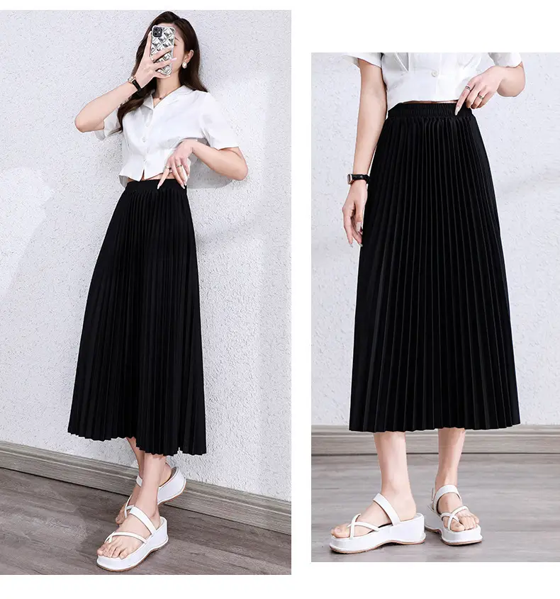 Black Pleated A-Line Skirt for Women Spring Fall Draped High Waist Slimming Look 2025 — feature 16