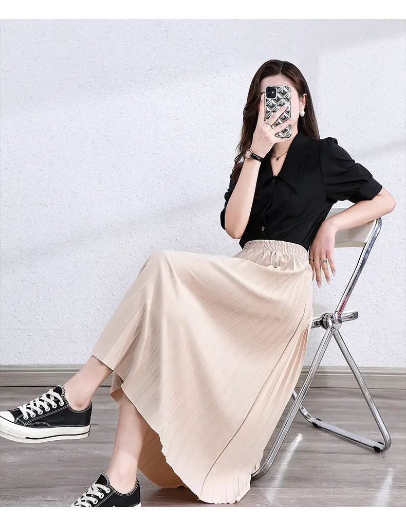 Black Pleated A-Line Skirt for Women Spring Fall Draped High Waist Slimming Look 2025 — feature 9