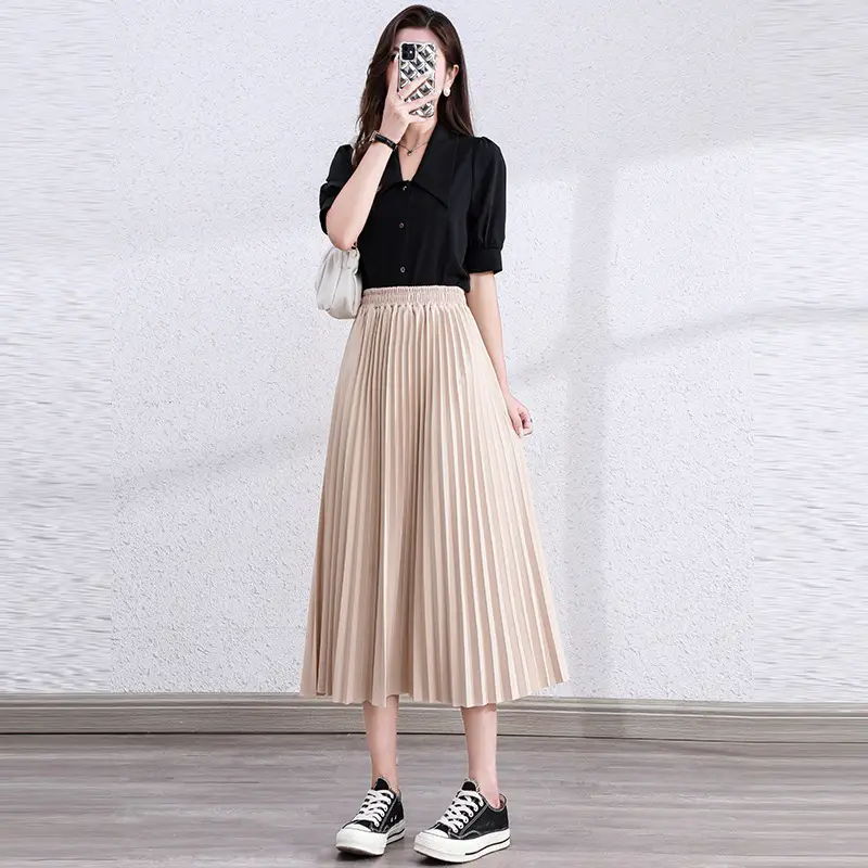 Black Pleated A-Line Skirt for Women Spring Fall Draped High Waist Slimming Look 2025 - Image 2