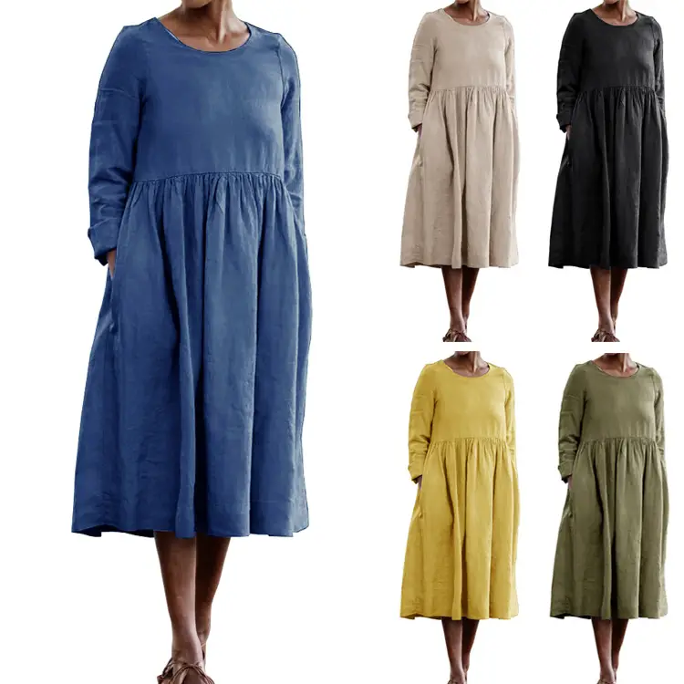 Women's Long Sleeve Cotton Linen Dress Beige - Image 6