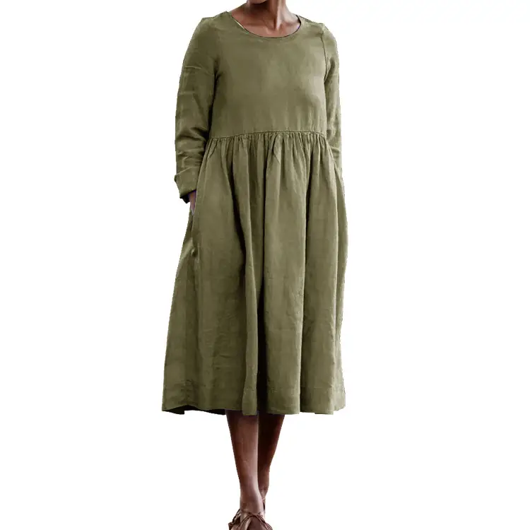 Women's Long Sleeve Cotton Linen Dress Beige - Image 5