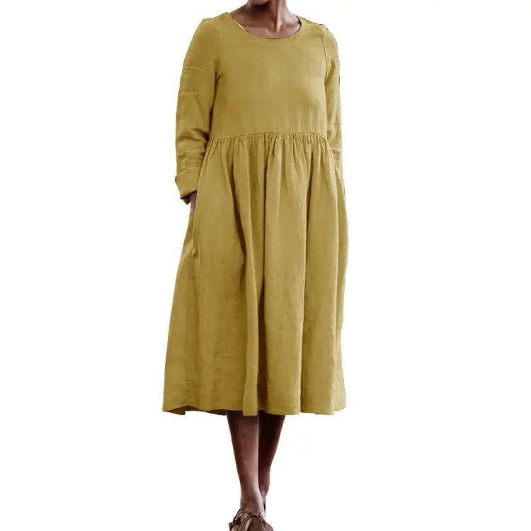 Women's Long Sleeve Cotton Linen Dress Beige - Image 7