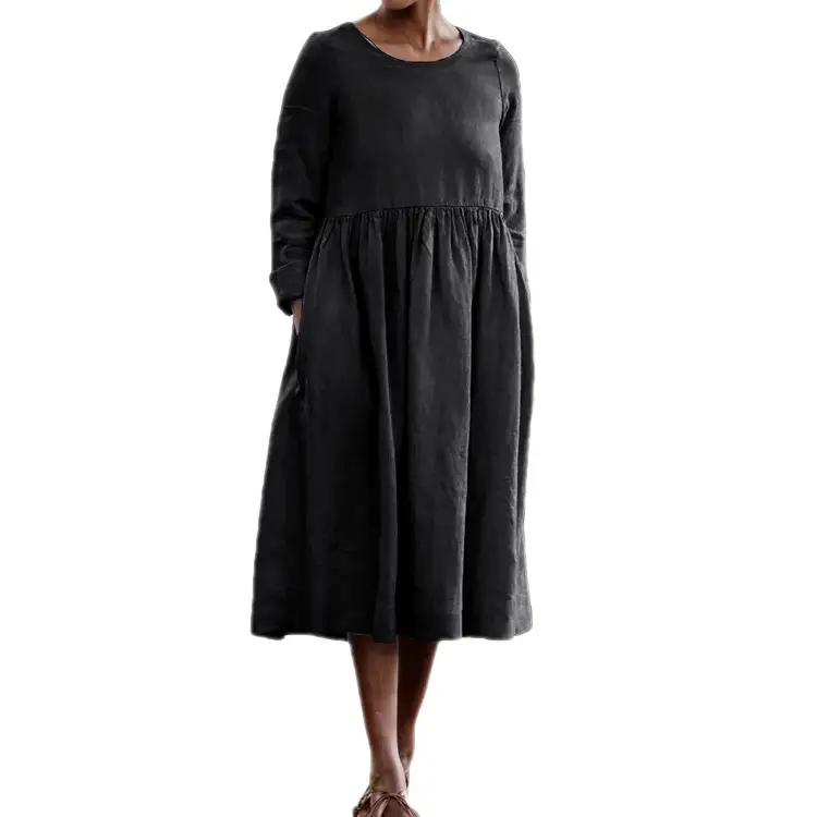 Women's Long Sleeve Cotton Linen Dress Beige - Image 8