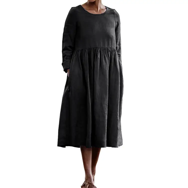 Women's Long Sleeve Cotton Linen Dress Beige - Image 3