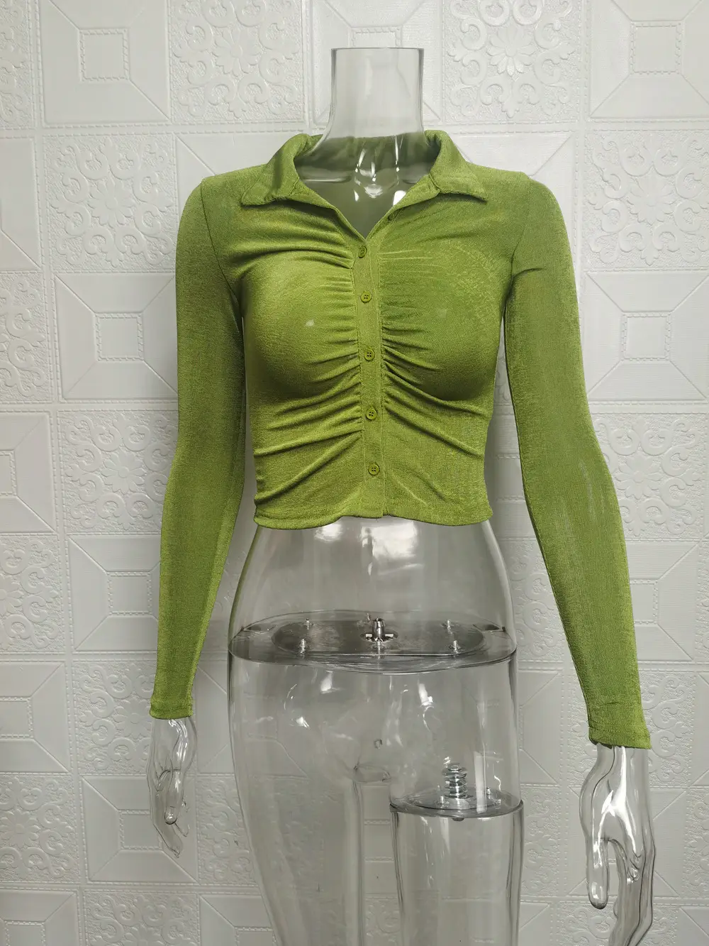 Green Ruched Long Sleeve Cardigan for Women - Image 2