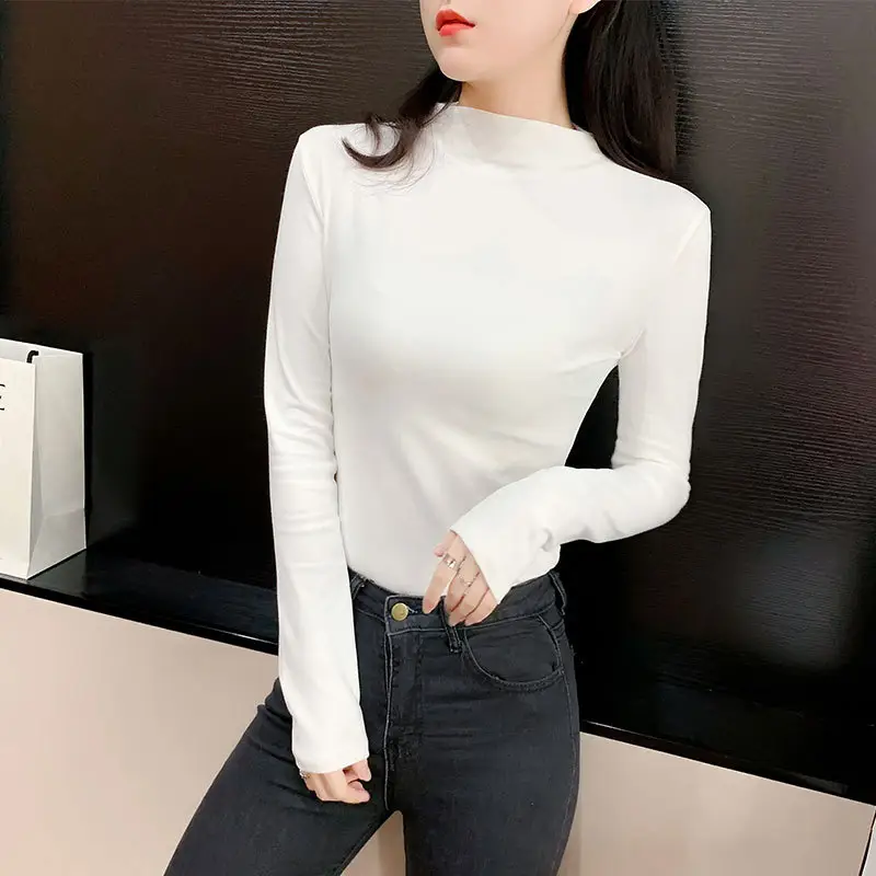 Women's Half Turtleneck Shirt White Black Ribbed Bottom Slim Fit - Image 5