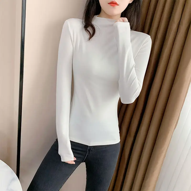 Women's Half Turtleneck Shirt White Black Ribbed Bottom Slim Fit - Image 6