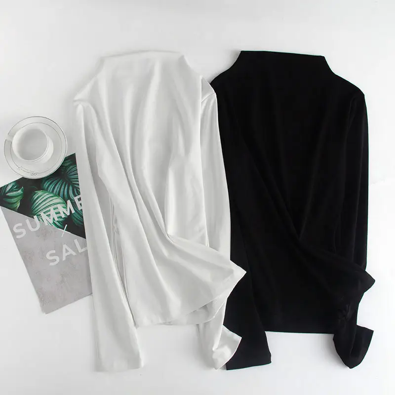 Women's Half Turtleneck Shirt White Black Ribbed Bottom Slim Fit - Image 7