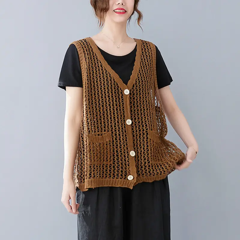 Hollow Knitted Vest Cardigan Women Brown Nostalgic Style
