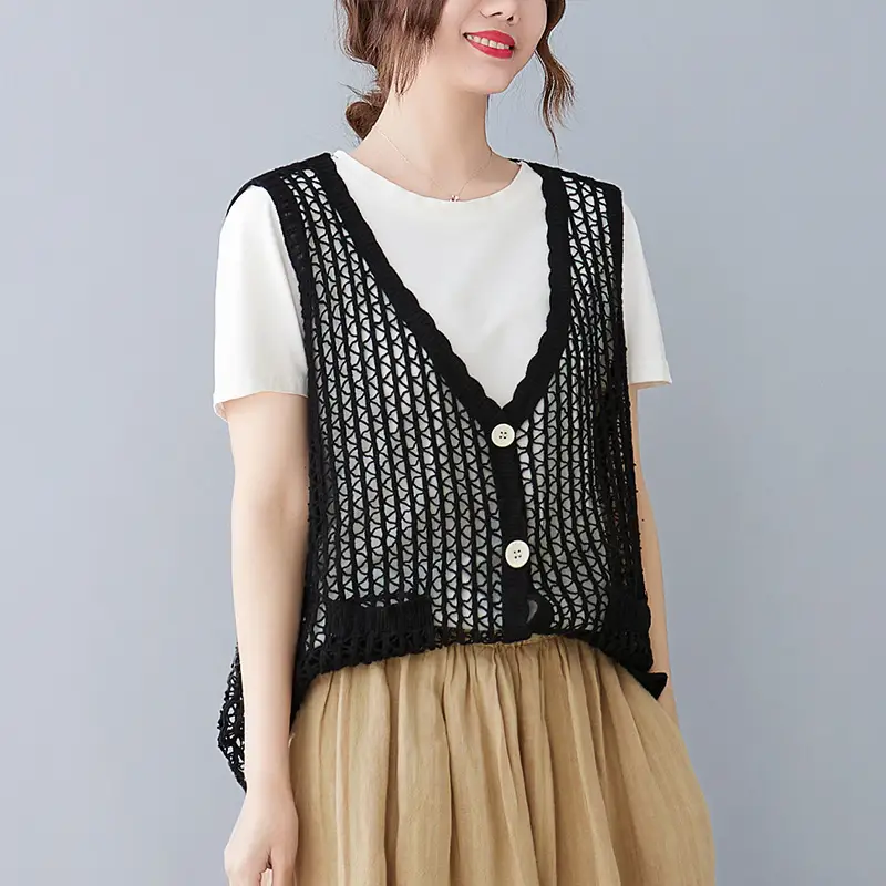 Hollow Knitted Vest Cardigan Women Brown Nostalgic Style