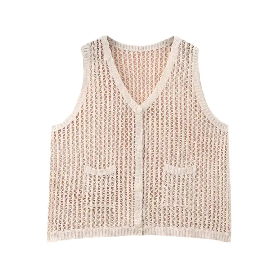 Hollow Knitted Vest Cardigan Women Brown Nostalgic Style