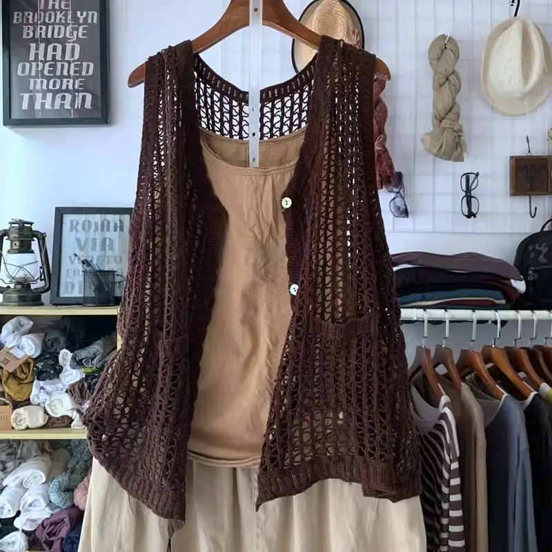 Hollow Knitted Vest Cardigan Women Brown Nostalgic Style