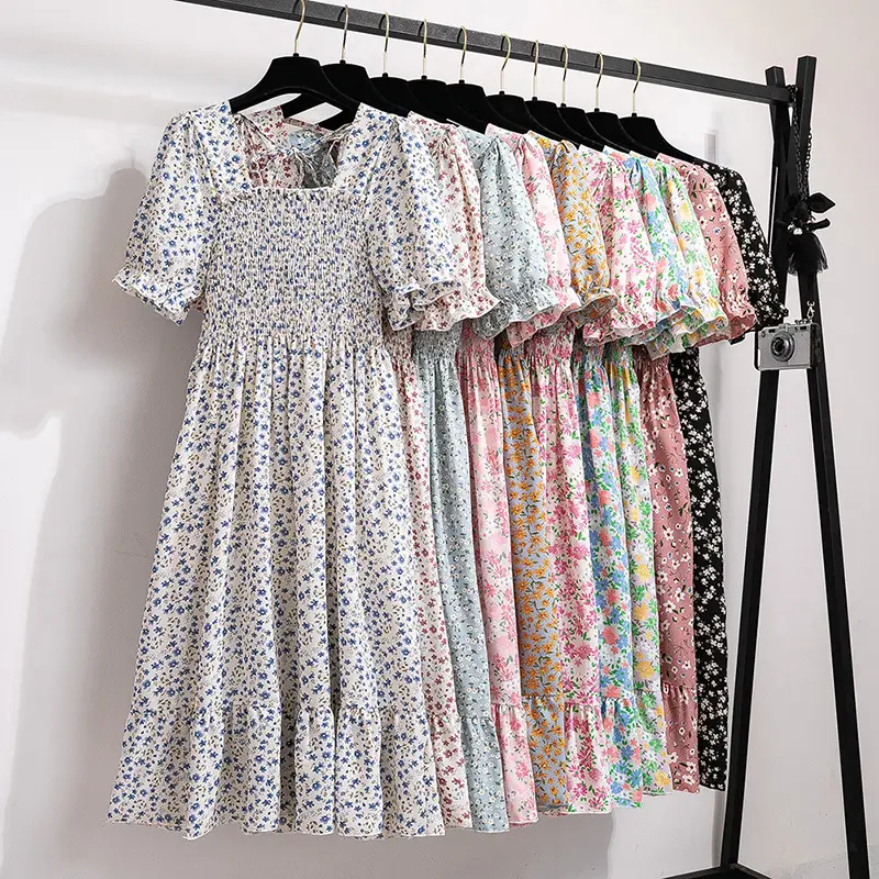 French Floral Lace Dress Women Square Collar Puff Sleeves - Image 18