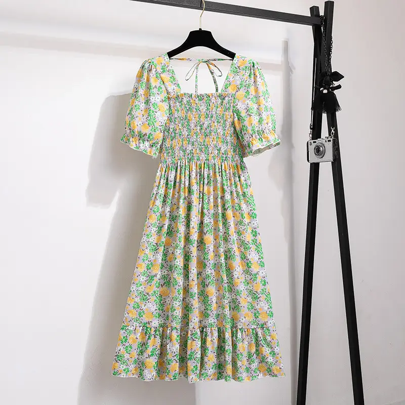 French Floral Lace Dress Women Square Collar Puff Sleeves - Image 19