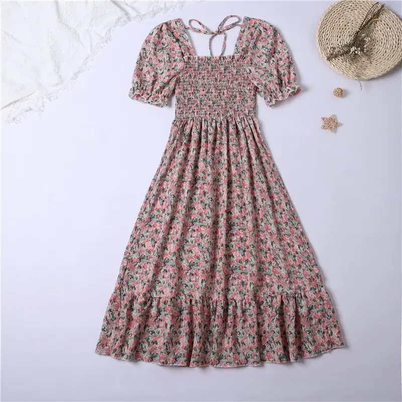 French Floral Lace Dress Women Square Collar Puff Sleeves - Image 20