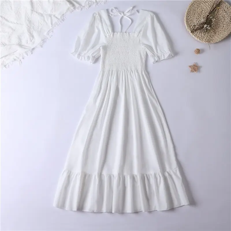 French Floral Lace Dress Women Square Collar Puff Sleeves - Image 21