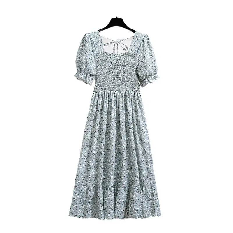 French Floral Lace Dress Women Square Collar Puff Sleeves - Image 22