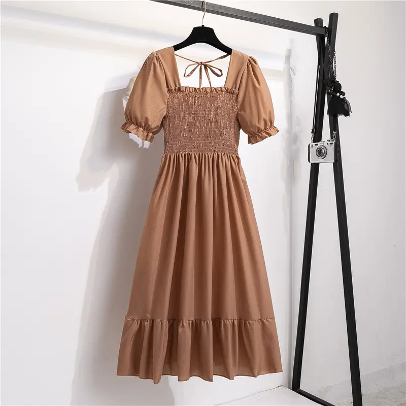 French Floral Lace Dress Women Square Collar Puff Sleeves - Image 11