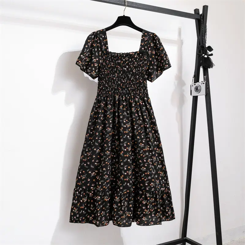 French Floral Lace Dress Women Square Collar Puff Sleeves - Image 12