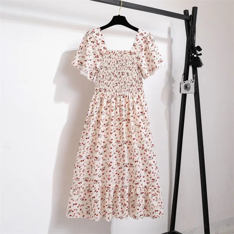 French Floral Lace Dress Women Square Collar Puff Sleeves - Image 13