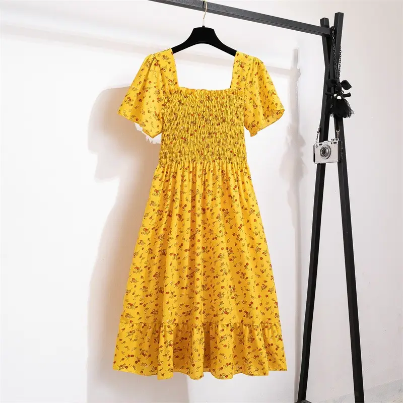 French Floral Lace Dress Women Square Collar Puff Sleeves - Image 14