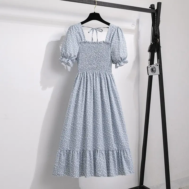 French Floral Lace Dress Women Square Collar Puff Sleeves - Image 15